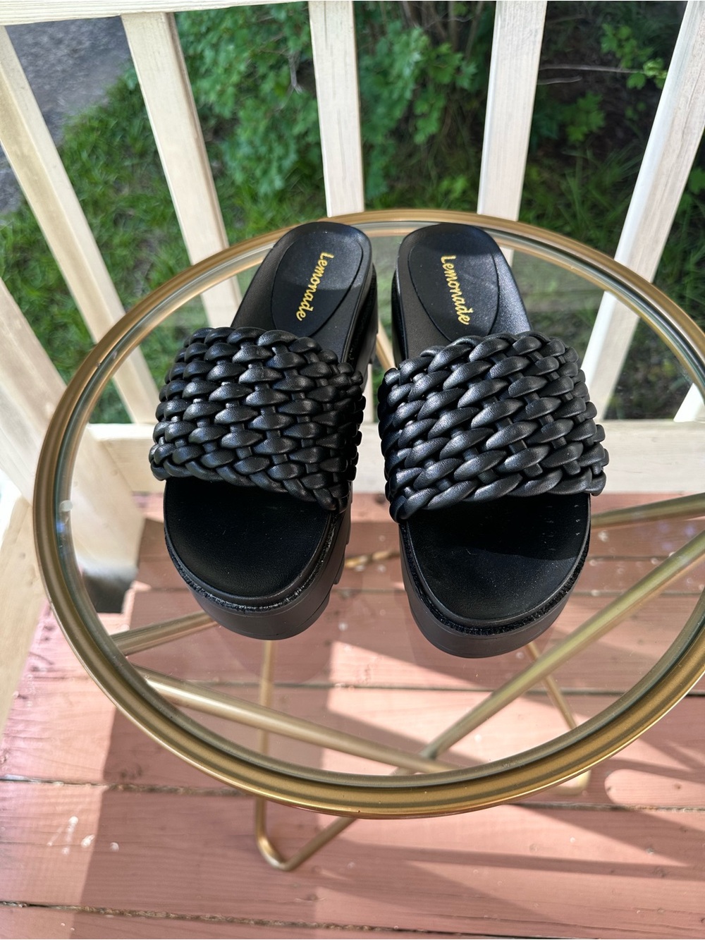Lemonade Black Braided Platform Slide Mules